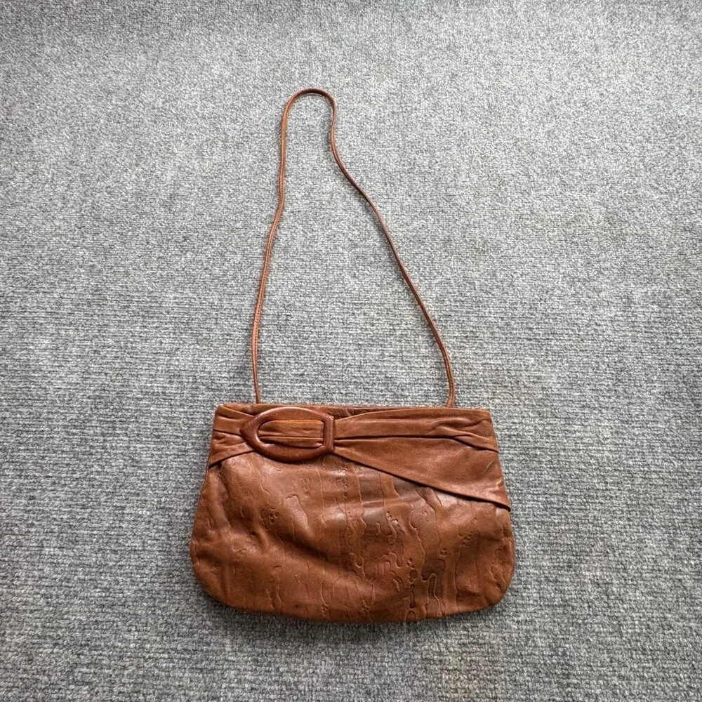 Vintage Letisse Brown Leather Clutch‎ Shoulder Bag Buckle Embossed 80s 90s Boho